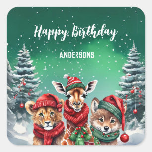 かわいいオオカミ動物園クリスマスツリーの誕生日の女の子のパーティー スクエアシール