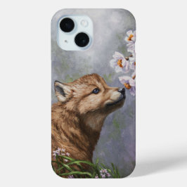 かわいいオオカミ子犬のくんくんかぐ花の花 iPhone 15ケース