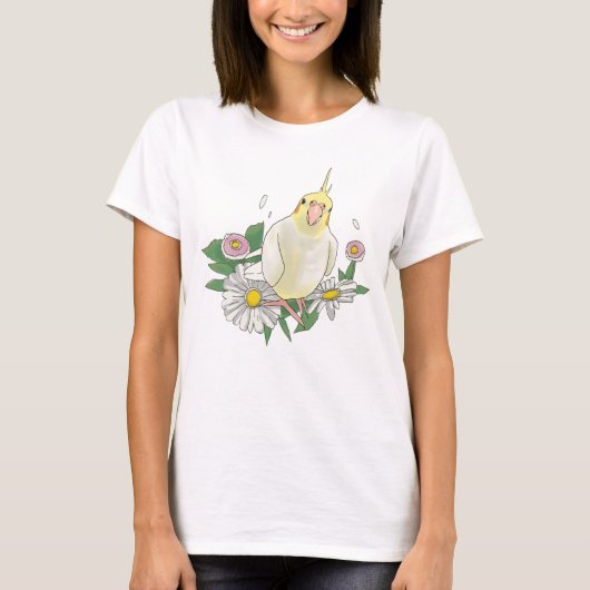 かわいいオカメインコの花のイラスト Tシャツ (正面)