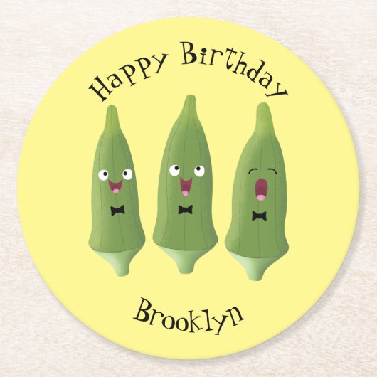 かわいいオクラ野菜の漫画 ラウンドペーパーコースター (正面)