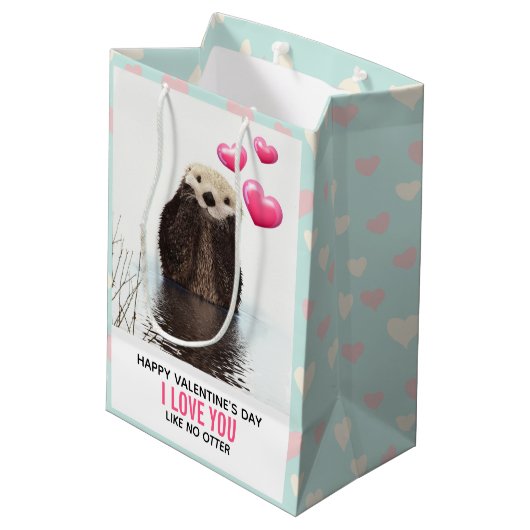 かわいいオッターとハートバレンタインデーのユーモア ミディアムペーパーバッグ (裏面アングル)
