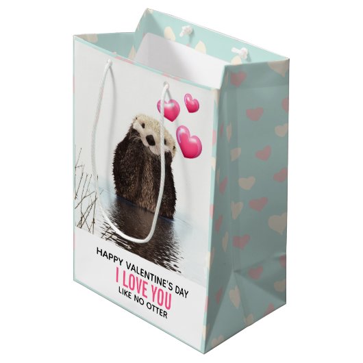 かわいいオッターとハートバレンタインデーのユーモア ミディアムペーパーバッグ (正面アングル)
