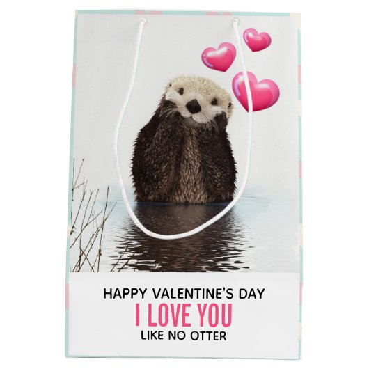 かわいいオッターとハートバレンタインデーのユーモア ミディアムペーパーバッグ (裏面)