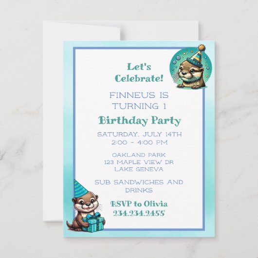 かわいいオッターをテーマにした少年の誕生日パーティー 招待状 (裏面)