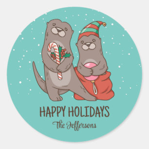 かわいいオッタークリスマス動物の雪の冬の休日 ラウンドシール