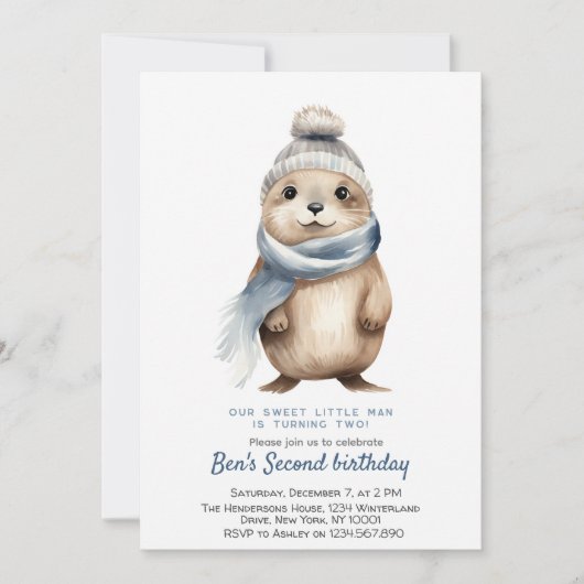 かわいいオッターブルー冬カスタムの誕生日パーティー 招待状 (正面)