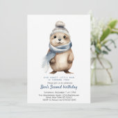 かわいいオッターブルー冬カスタムの誕生日パーティー 招待状 (スタンド正面)