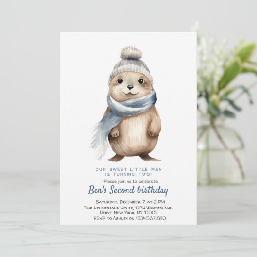 かわいいオッターブルー冬カスタムの誕生日パーティー 招待状 (スタンド正面)