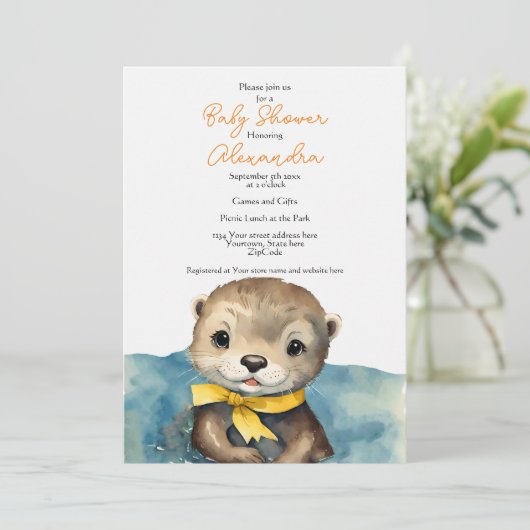かわいいオッター男女兼用ベビーシャワー招待状 招待状 (スタンド正面)