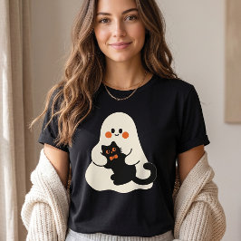 かわいいオバケが黒猫を抱っこ ハロウィン Tシャツ