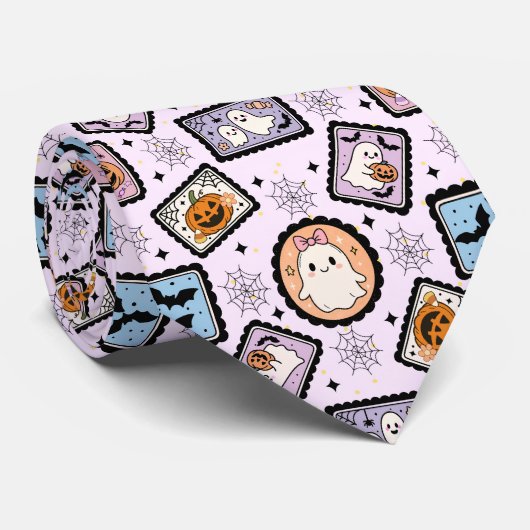 かわいいオバケとカボチャのハロウィンスタンプ柄 ネクタイ (ロール)
