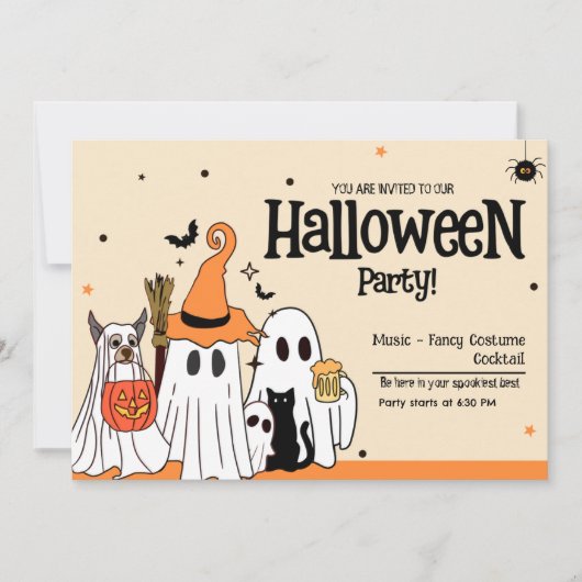 かわいいオバケとペットのハロウィン 招待状 (正面)
