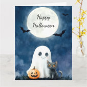 かわいいオバケと黒猫のハロウィン カード (黄色い花)