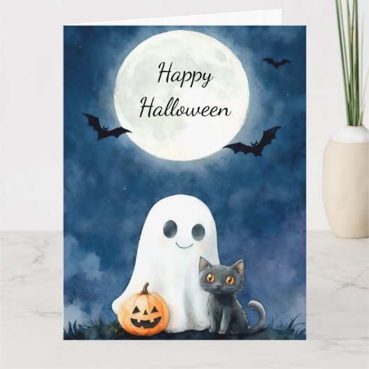 かわいいオバケと黒猫のハロウィン カード (正面)