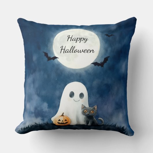 かわいいオバケと黒猫のハロウィン クッション (正面)