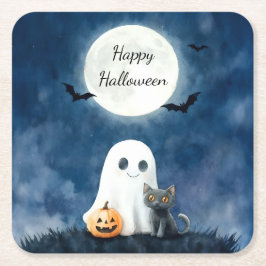 かわいいオバケと黒猫のハロウィン スクエアペーパーコースター