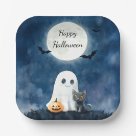 かわいいオバケと黒猫のハロウィン ペーパープレート