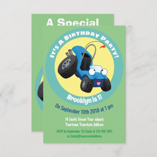 かわいいオフロードビークルカートゥーン招待状 招待状 (正面/裏面)
