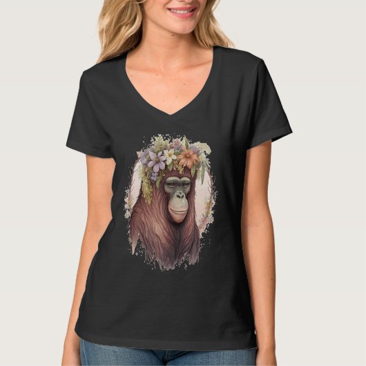 かわいいオランウータンの花冠サル Tシャツ (正面)