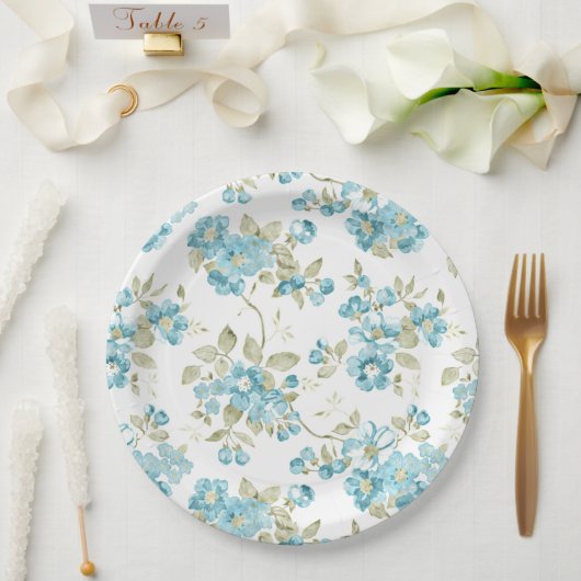 かわいいオリーブグリーンアクアターコイズの花水彩 ペーパープレート (ウェディング)