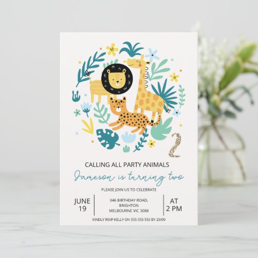 かわいいオレンジすべてのパーティー動物を呼び出す2nd誕生日 招待状 (スタンド正面)