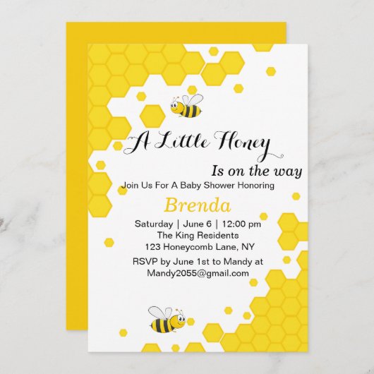 かわいいオレンジとブラックのハチ | 水彩 ハニカム 招待状 (正面/裏面)