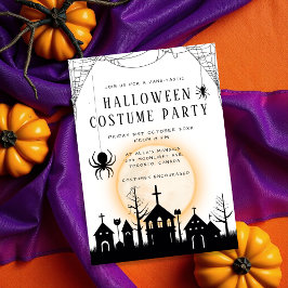 かわいいオレンジとブラックの大人ハロウィンコスチュームパーティー 招待状
