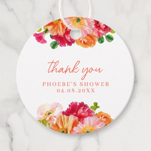 かわいいオレンジと明るいピンクの花のブライダルシャワー フェイバータグ (正面)