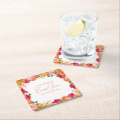 かわいいオレンジと明るいピンクの花柄のウェディングシャワーパーティー スクエアペーパーコースター (インサイチュ)