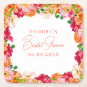 かわいいオレンジと明るいピンクの花柄のウェディングシャワーパーティー スクエアペーパーコースター (正面)