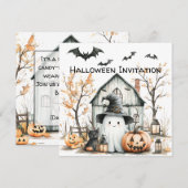 かわいいオレンジと白のゴーストと秋の納屋 招待状 (正面/裏面)