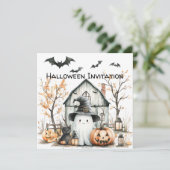かわいいオレンジと白のゴーストと秋の納屋 招待状 (スタンド正面)