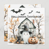 かわいいオレンジと白の秋の納屋の幽霊 招待状 (正面/裏面)