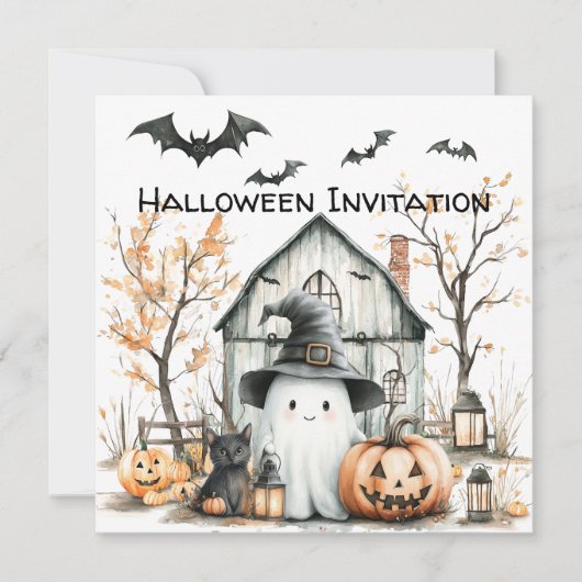 かわいいオレンジと白の秋の納屋の幽霊 招待状 (正面)