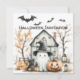 かわいいオレンジと白の秋の納屋の幽霊 招待状