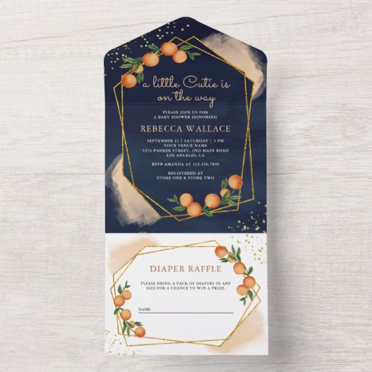 かわいいオレンジのネイビー ベイビー シャワーのお知らせ オールインワン招待状 (内側)