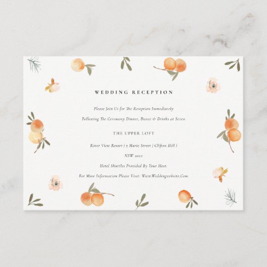 かわいいオレンジのフローラボホーの葉のウェディングレセプション エンクロージャーカード (正面)