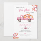 かわいいオレンジのポンプキン ピンクの女の子 ベイビーシャワー 招待状 (正面/裏面)