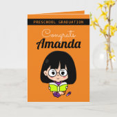 かわいいオレンジの女の子幼稚園卒業 カード (黄色い花)