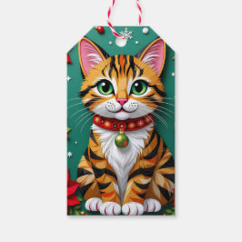 かわいいオレンジの子猫とポインセチアのクリスマス ギフトタグ
