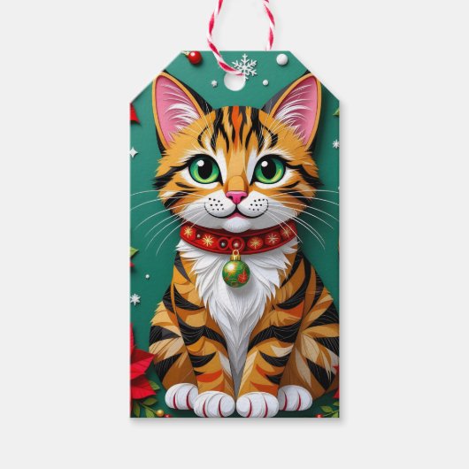 かわいいオレンジの子猫とポインセチアのクリスマス ギフトタグ (正面)