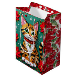かわいいオレンジの子猫とポインセチアのクリスマス ミディアムペーパーバッグ