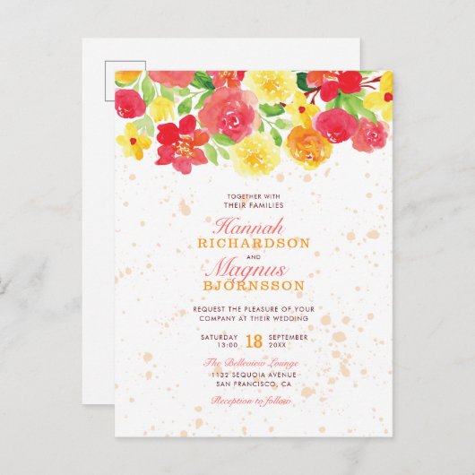 かわいいオレンジの水彩の花結婚が素敵 インビテーションポストカード (正面/裏面)