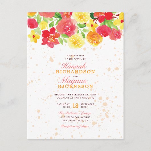 かわいいオレンジの水彩の花結婚が素敵 インビテーションポストカード (正面)