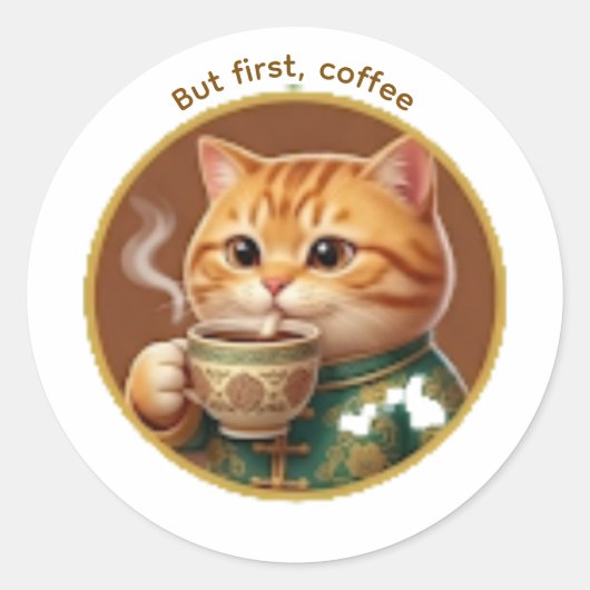 かわいいオレンジの猫が紅茶コーヒーを飲むステッカー ラウンドシール (正面)