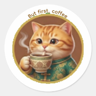 かわいいオレンジの猫が紅茶コーヒーを飲むステッカー ラウンドシール