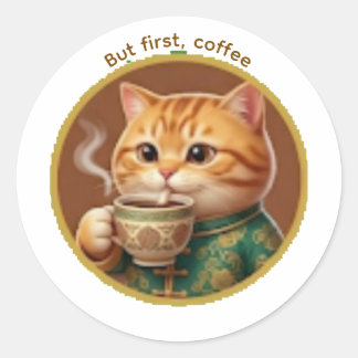 かわいいオレンジの猫が紅茶コーヒーを飲むステッカー ラウンドシール