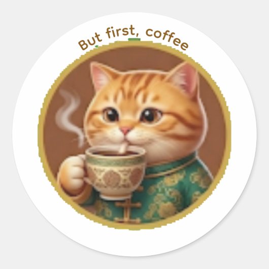 かわいいオレンジの猫が紅茶コーヒーを飲むステッカー ラウンドシール (正面)