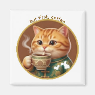 かわいいオレンジの猫が紅茶コーヒーを飲むマグネット マグネット