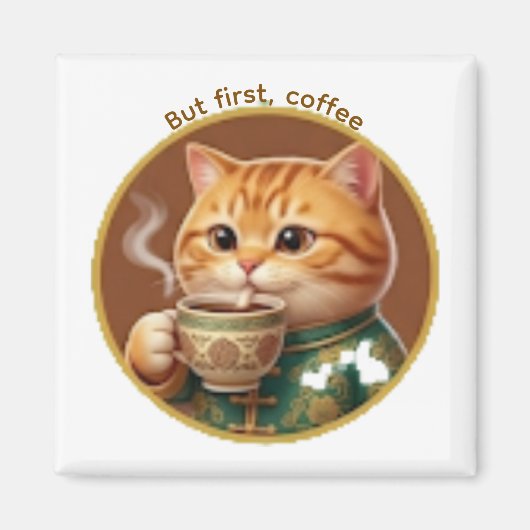 かわいいオレンジの猫が紅茶コーヒーを飲むマグネット マグネット (正面)